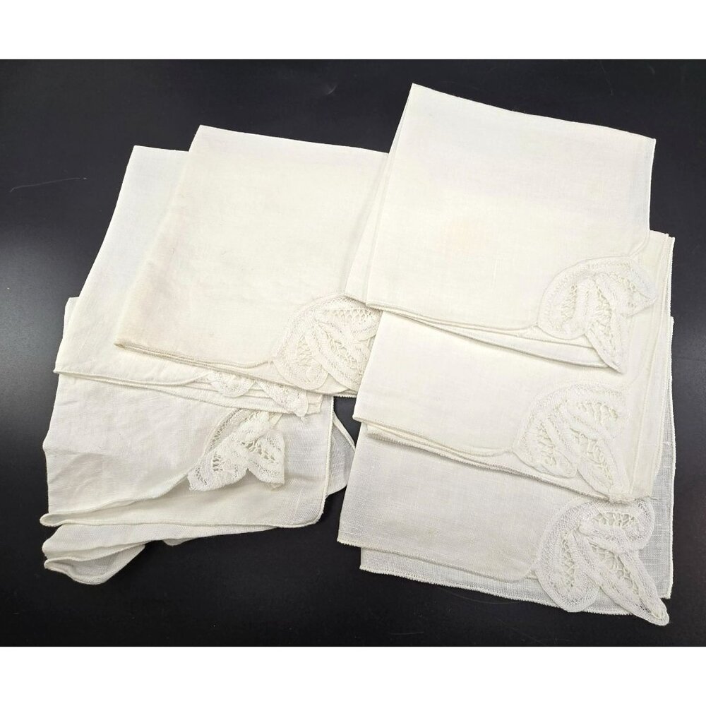 Vintage White Linen Napkins With Crochet Lace Corner Set Of 6 JJ3967